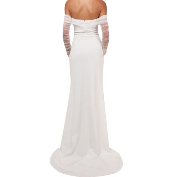 NWD Lulus Beautifully Beloved White Mesh Off Shoulder Maxi Wedding Dress Medium - Picture 3 of 13